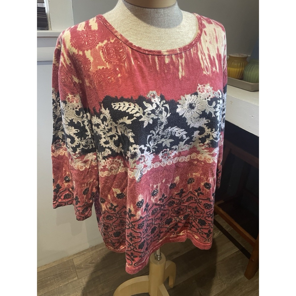 American Sweetheart Floral Burnout Print 3/4 Sleeve Cotton Top Red Black Y2K Vtg